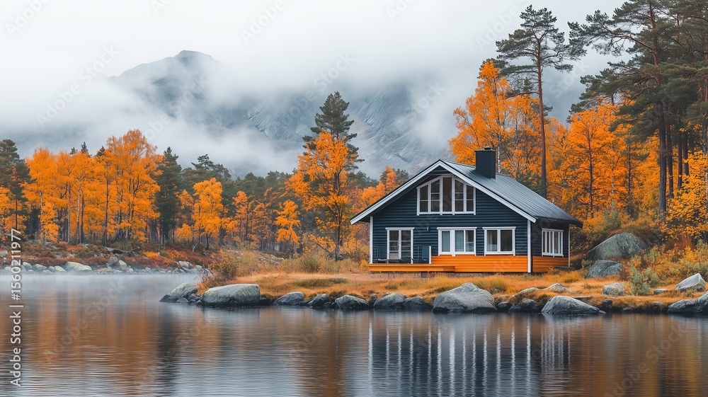 Fototapeta premium Landscape Scenery Mountains Countryside With Cottage House