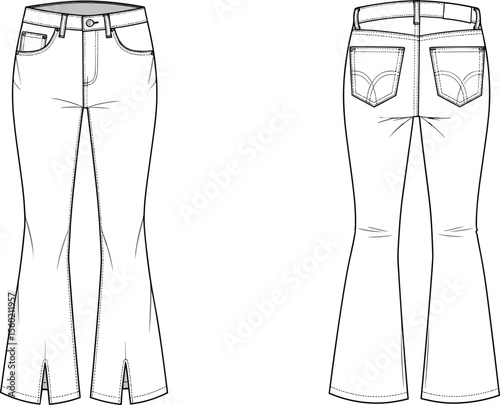 Women’s denim jeans technical sketch, front and back view, fashion flat drawing, bootcut pants design, vector apparel template illustration