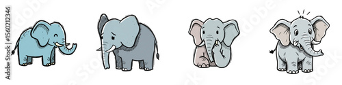 Four cartoon elephants in different poses with playful expressions  