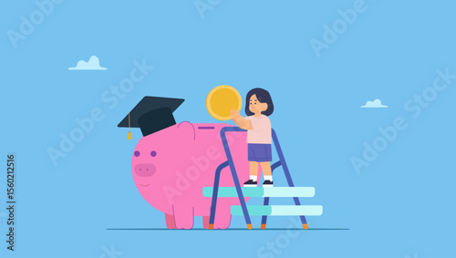 Vector illustration of a girl holding big coin putting in pink piggy bank wearing graduation cap. School or education fund, financial planning for kid school or college budget and scholarship.