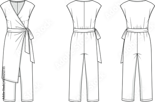 Wrap front sleeveless jumpsuit with waist tie belt, flat sketch fashion illustration, front and back view, technical cad vector