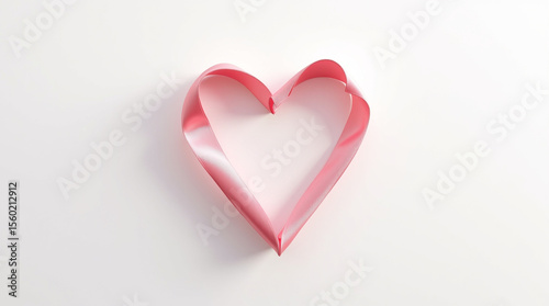 A delicate pink ribbon is shaped into a heart on a clean white background, symbolizing love and romance, isolated on white background