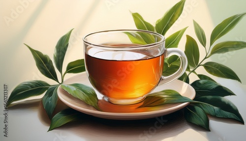 a cup of tea on a saucer surrounded by a plant great for illustrations designs or still life photography