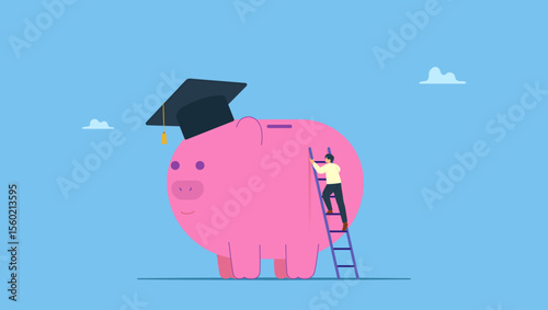 A young student climbing the ladder to reach piggy bank wearing university graduation hat. Education fund, cost and expense in books, course study, saving money to achieve degree and graduation.