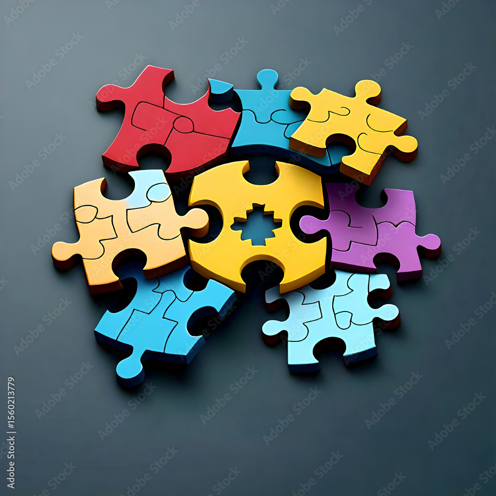 Fototapeta premium Several colorful interconnected puzzle pieces with one central yellow piece surrounded by red light blue and light purple pieces all arranged on a dark surface