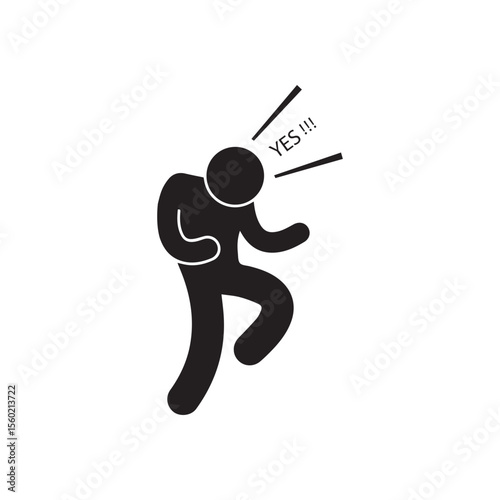 stick figure with yes text expressing excitement and success, energetic celebration with raised arm pose
