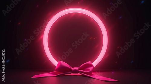 A pink bow sits beneath a radiant neon circle, creating a bright and celebratory atmosphere with its vibrant and glowing light display