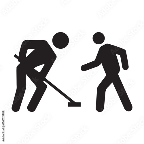 vector icon of two people sweeping together with brooms, symbolizing teamwork and cleaning service