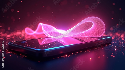 A smartphone displaying a vibrant abstract light pattern in pink and neon colors, representing modern technology and digital communication