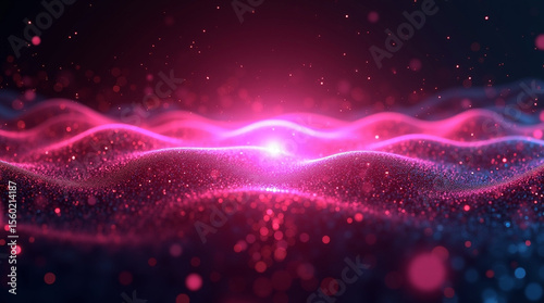 A mesmerizing abstract background featuring undulating waves of pink and blue particles, illuminated by a central light source, creating a dynamic and futuristic scene