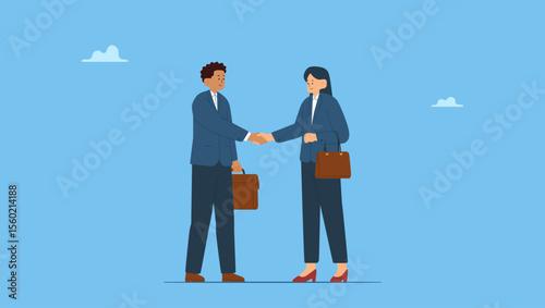 Vector illustration of business partners in suit, man and woman shaking hands, cooperation and deal sign. Professional communication, handshake for agreement, partnership.