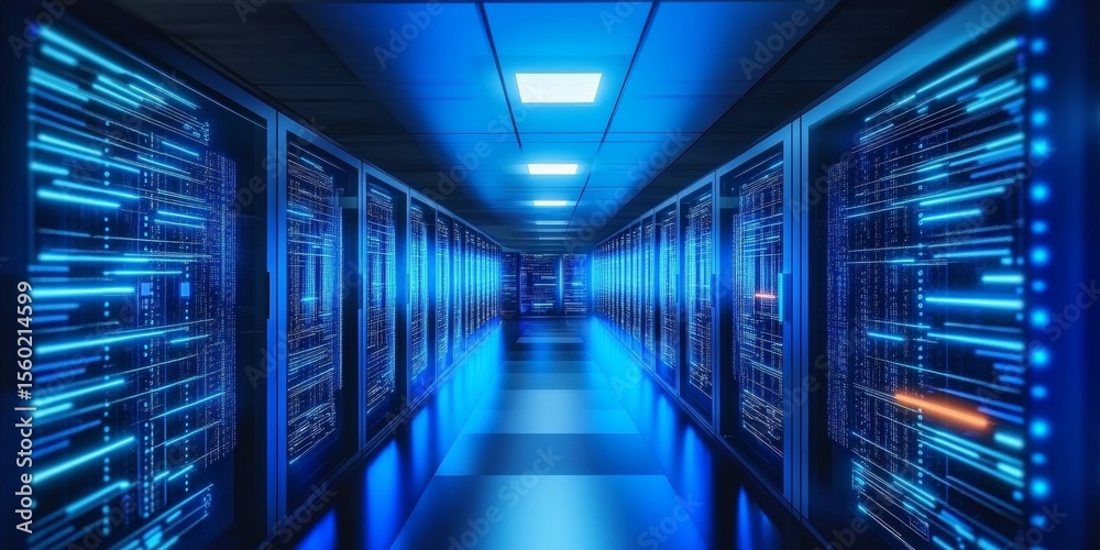 Fototapeta premium High-Tech Data Center Interior with Rows of Servers Illuminated, Showcasing Modern Computing Power
