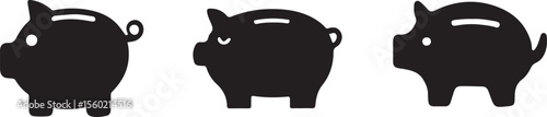 Three minimalist piggy bank silhouettes in black, symbolizing savings, finance, and investment, ideal for banking, financial planning, and economic concept designs or educational materials

