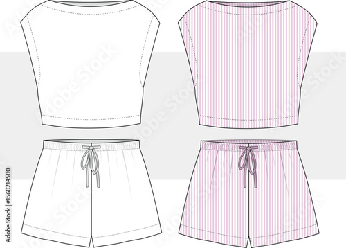 Women girl striped pattern mini short and crop top set, fashion design, illustration. Front view, CAD, Mockup set.
