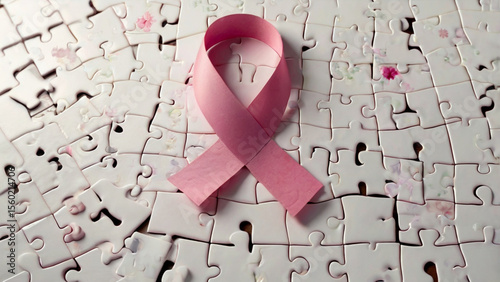 A pink ribbon symbolizing breast cancer awareness is placed on a completed white puzzle, representing the collective effort and support needed in the fight against the disease