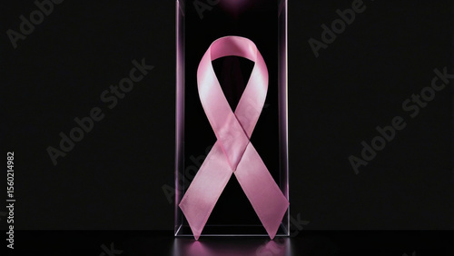 A pink breast cancer awareness ribbon is encased in a clear glass box against a black background, symbolizing hope, support, and the importance of medical research