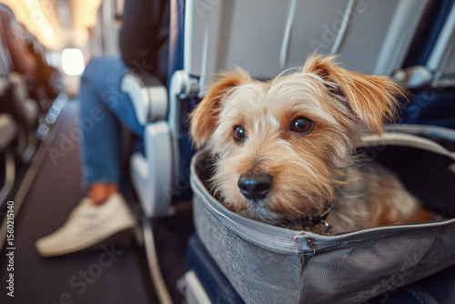 Small dog in a soft-sided pet carrier on a plane, travelling with dogs