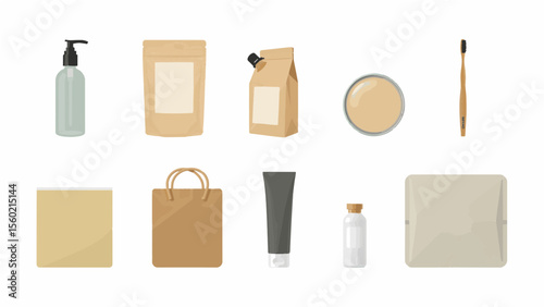 Assortment of sustainable packaging and personal care items on a white background display design