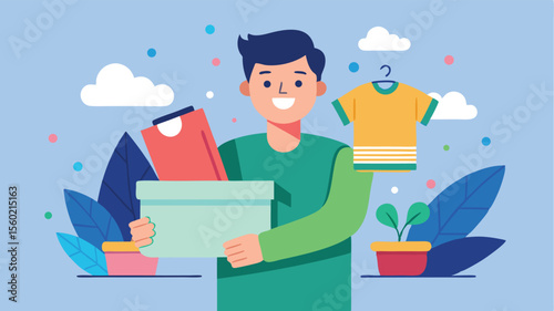 Clothing donation concept with man holding box with clothes. Template for banner or poster design. Vector illustration