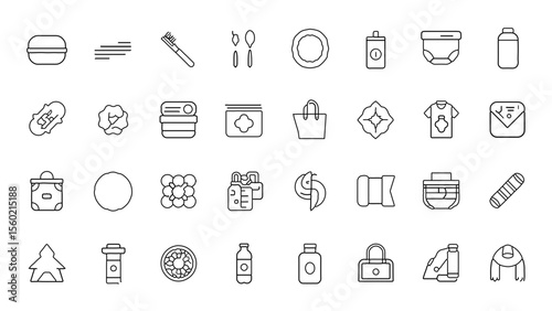 Collection of outline icons featuring everyday objects and common household items in a grid layout