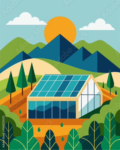 Amidst rolling hills and lush meadows a solarpowered greenhouse stands as a beacon of sustainable agriculture utilizing the suns energy to support its growth.. Vector illustration