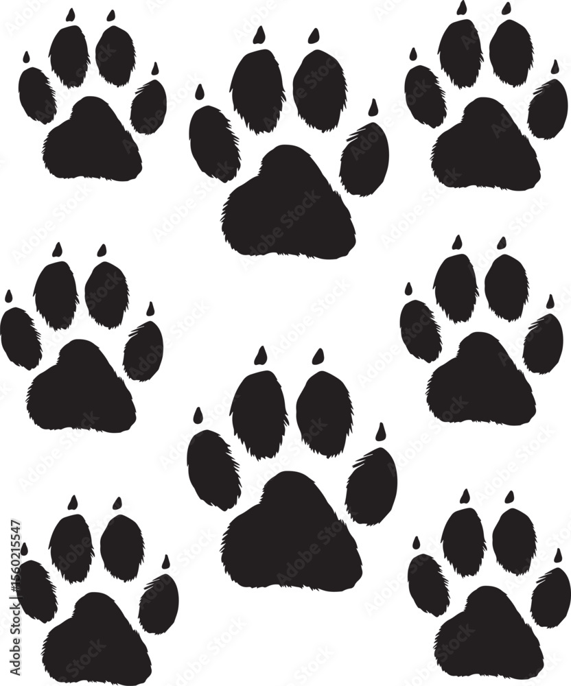 Fototapeta premium Seven black animal paw prints with textured edges on a white background, representing wildlife, domestic pets, tracking, and natural elements, ideal for rustic or adventurous designs