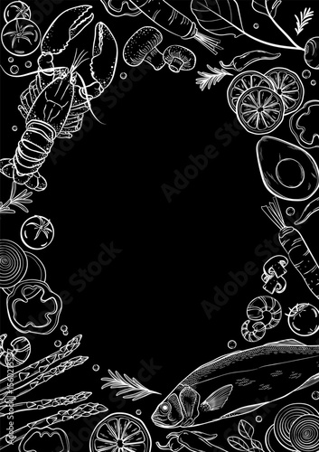 healthy food vegetable and aquatic animal background. hand-drawn vector on black