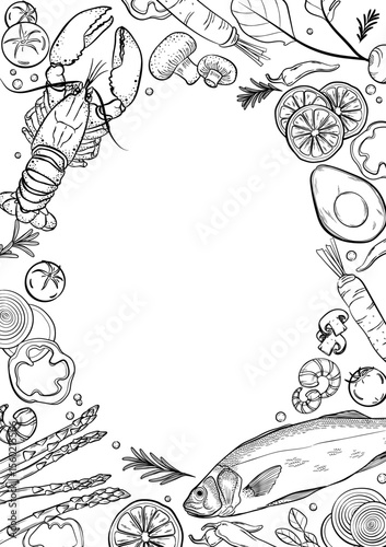 healthy food vegetable and aquatic animal background. hand-drawn vector on white