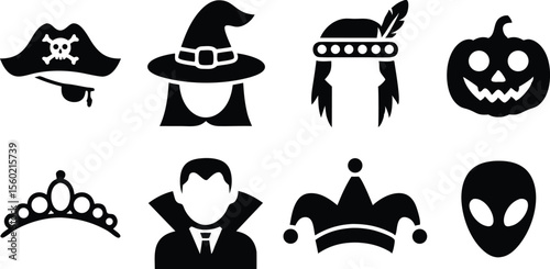 Black and White Graphics of Halloween Costumes Pirate, Witch, Vampire, Alien, and More