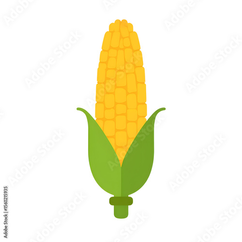 Corn on the cob in simple flat style with green leaves  
