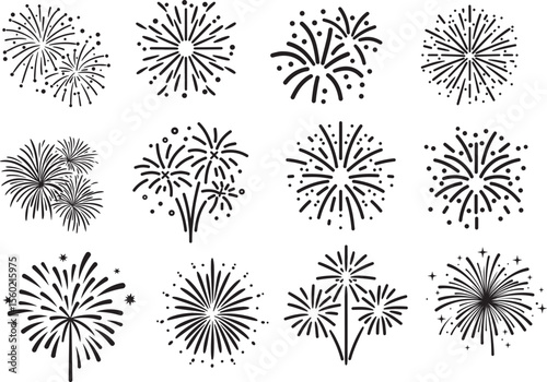 Collection of diverse fireworks silhouettes and line art, perfect for celebrating holidays, New Year's Eve, festivals, and festive events, adding a joyful and explosive graphic element

