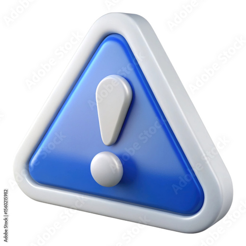 3 D rendered blue triangular warning sign with white exclamation mark and border, a symbol of caution isolated on a transparent background