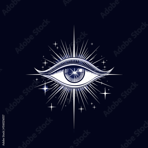 Mystical blue eye with radiant stars on dark background