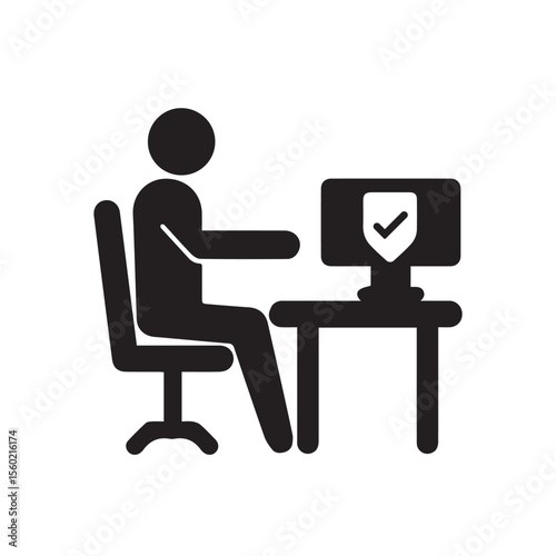 Person Working at Secure Computer with Shield Icon on Monitor