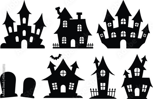Collection of Spooky Halloween Haunted House Silhouettes with Tombstones and Bat Illustrations on White Background