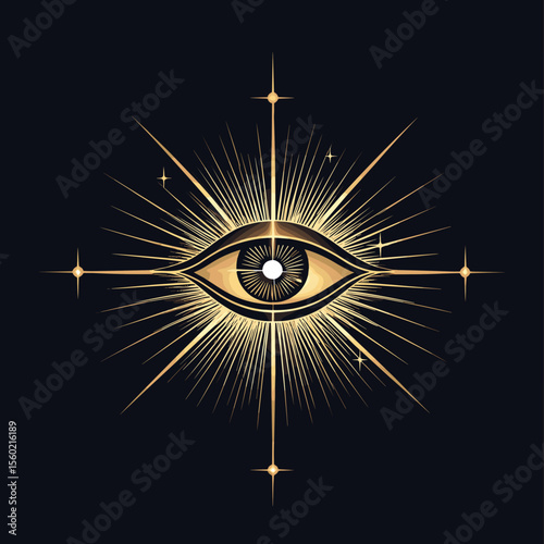 Mystical golden eye with radiant rays on dark background