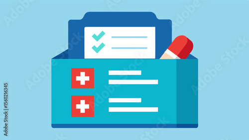 A clearly labeled medication box with reminders to take medications at specific times helping an elderly person with dementia stay on track with their treatment plan and ensuring. Vector illustration