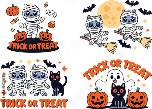 Cute Halloween Illustrations Mummy Cats, Ghost, Black Cats, Pumpkins, Bats, and Trick or Treat