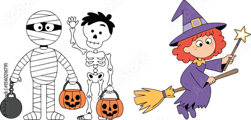 Halloween Cartoon Characters Mummy, Skeleton with Pumpkin Bucket, and Witch on Broomstick