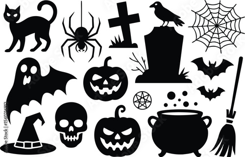 Halloween Icons Black Cat, Tombstone, Spider, Pumpkins, Bats, Cauldron, Witch Hat, and Broomstick Silhouettes