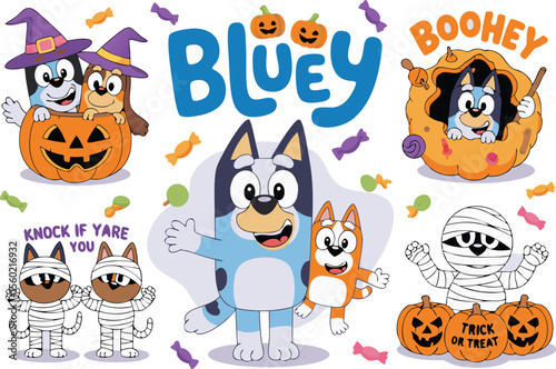 Halloween Illustration Bluey and Bingo Dressed Up with Pumpkins, Candy, and Mummy Cats on White Background