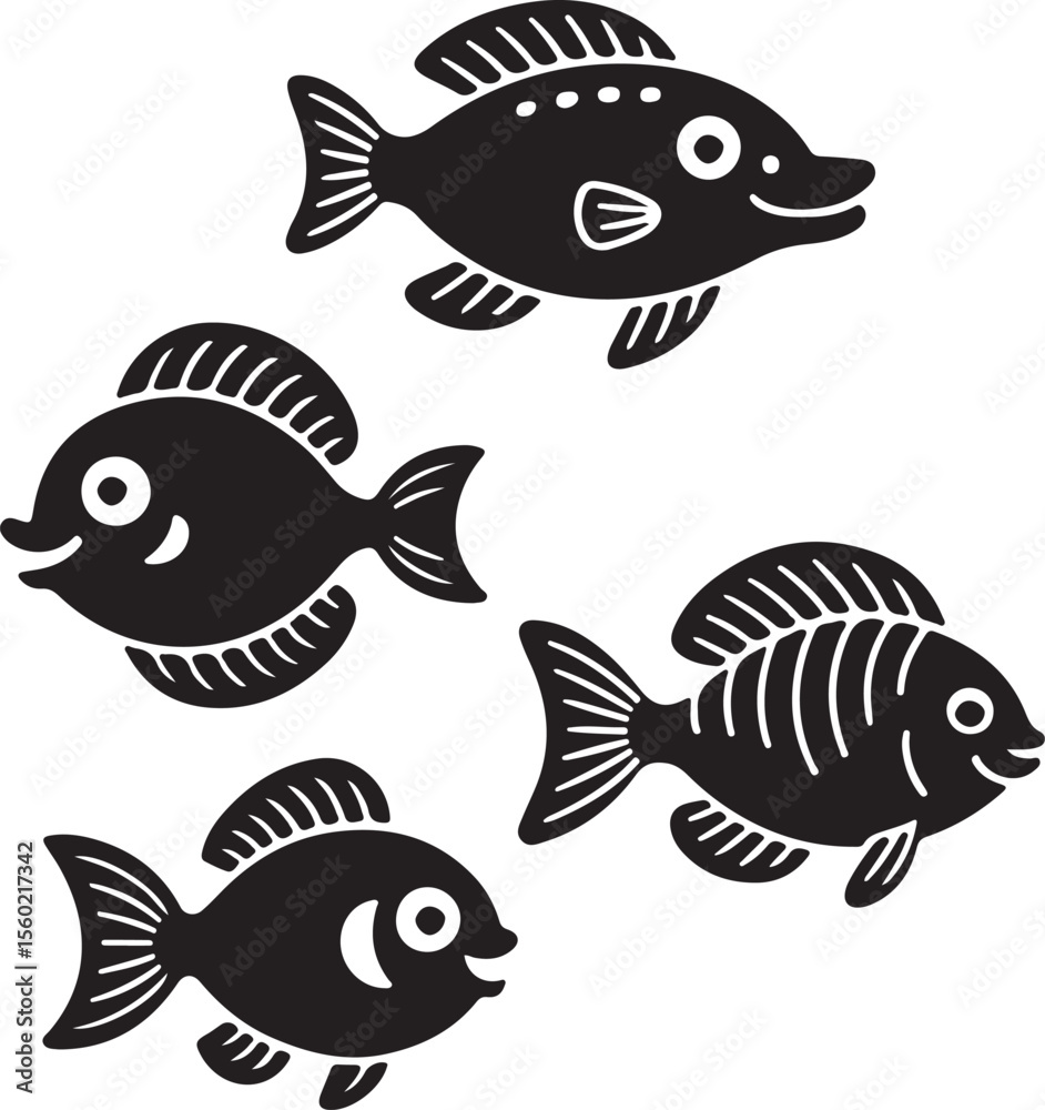 Fototapeta premium Fish Group Vector, Aquatic Sea Life Silhouette Illustration