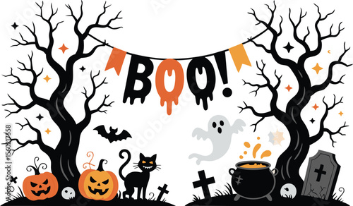 Spooky Halloween with Trees, Pumpkins, Ghost, Cat, Cauldron, Tombstone, and Boo! Banner