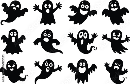 Twelve Black Silhouetted Halloween Ghost Characters with Various Expressions and Poses on White Background