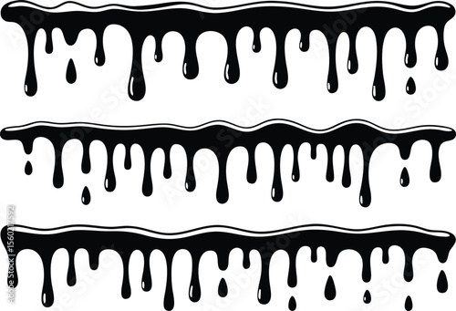 Three Black Drips Dripping Paint, Liquid, or Ink Element Illustration Isolated on White