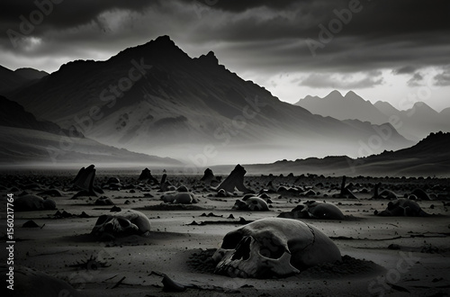 A somber black and white image depicting a desolate landscape strewn with human skulls and debris set against a backdrop of imposing mountains under a cloudy sky