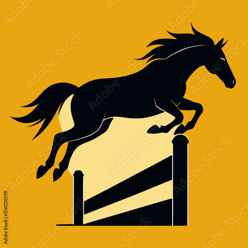 Dynamic Black Horse Silhouette Jumping Over Fence on Orange Background