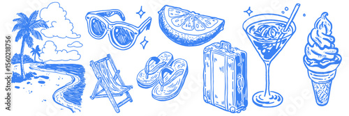 Set of summer vacation hand drawn style icons. Summer holiday and  tourism