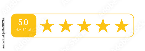 Five Star Rating Icon Set – Yellow Star Symbols with Text Labels for Customer Reviews, Product Ratings, App and Website UI Elements, Transparent PNG and Vector Design”
