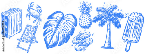 Set of summer vacation hand drawn style icons. Summer holiday and  tourism